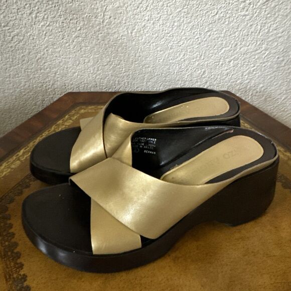 Y2K Enzo Angiolini Womens Gold Brown Leather Chunky Heel Platform Sandals Size 8 - Picture 2 of 8